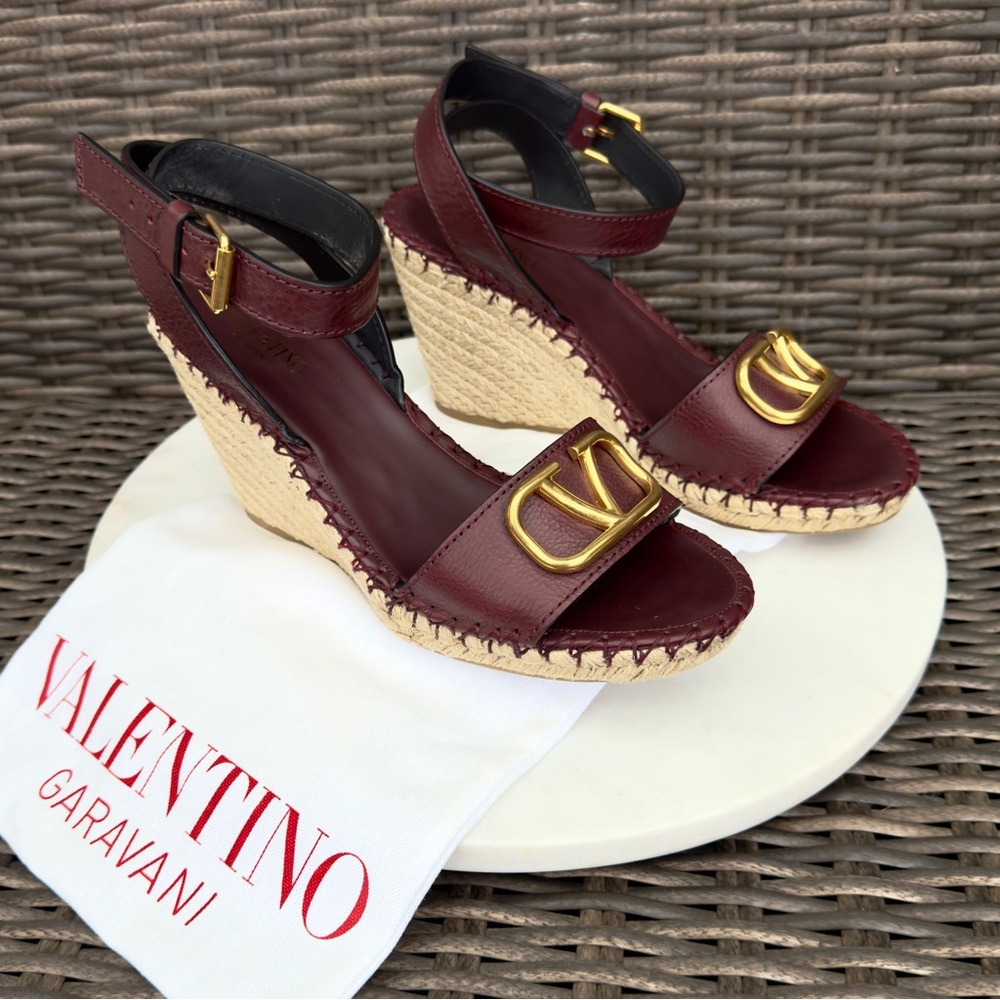 Valentino Burgundy Leather Escape V
Logo Wedge Sandals